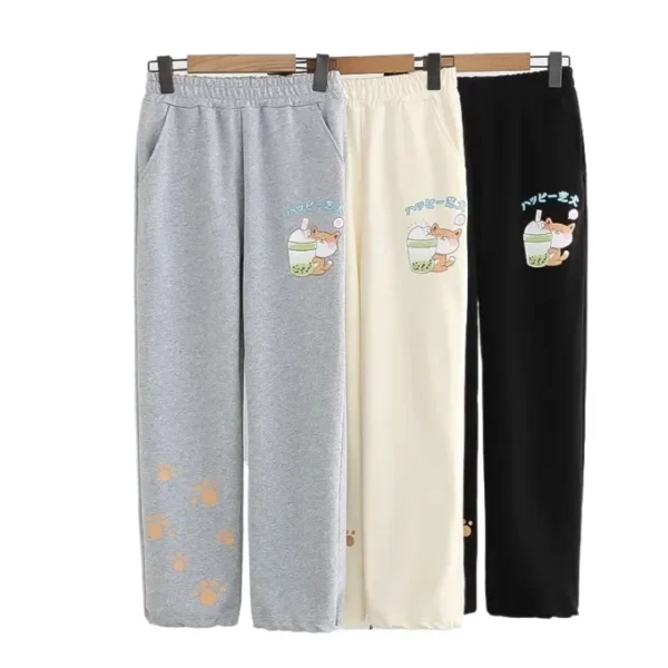 Autumn New Girls' High Waist Cat Printed Pocket Trousers